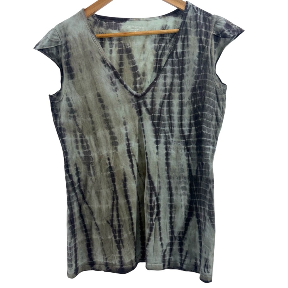 Calvin Klein Jeans Y2K Women M Short Sleeve V-Neck‎ Green T-Shirt Tie Dye Retro